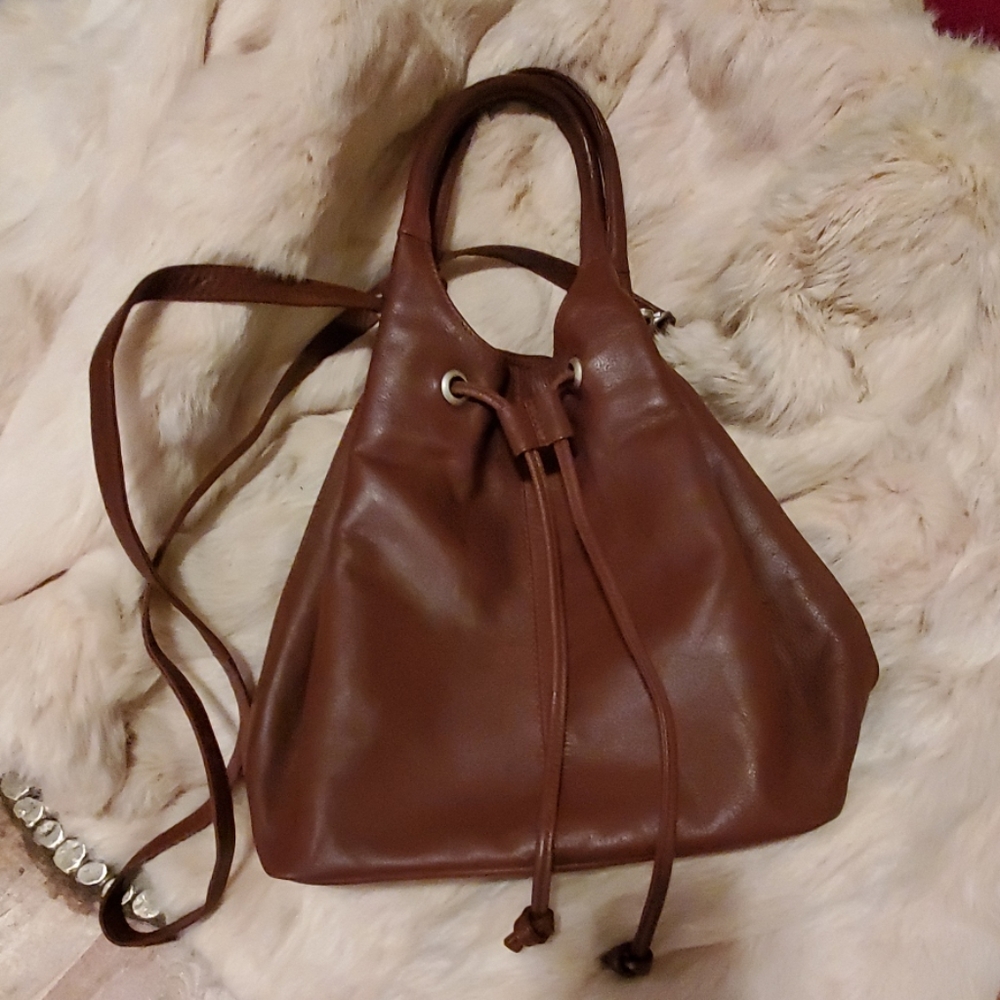 Crossing Pointe Brown Leather Drawstring Bag - image 1